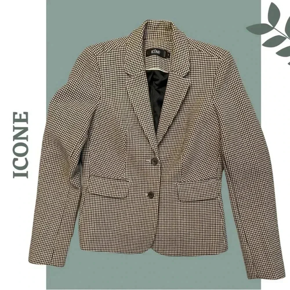 Icone Women’s Houndstooth Blazer Lined Single Breasted Brown Cream Pocket Size 4